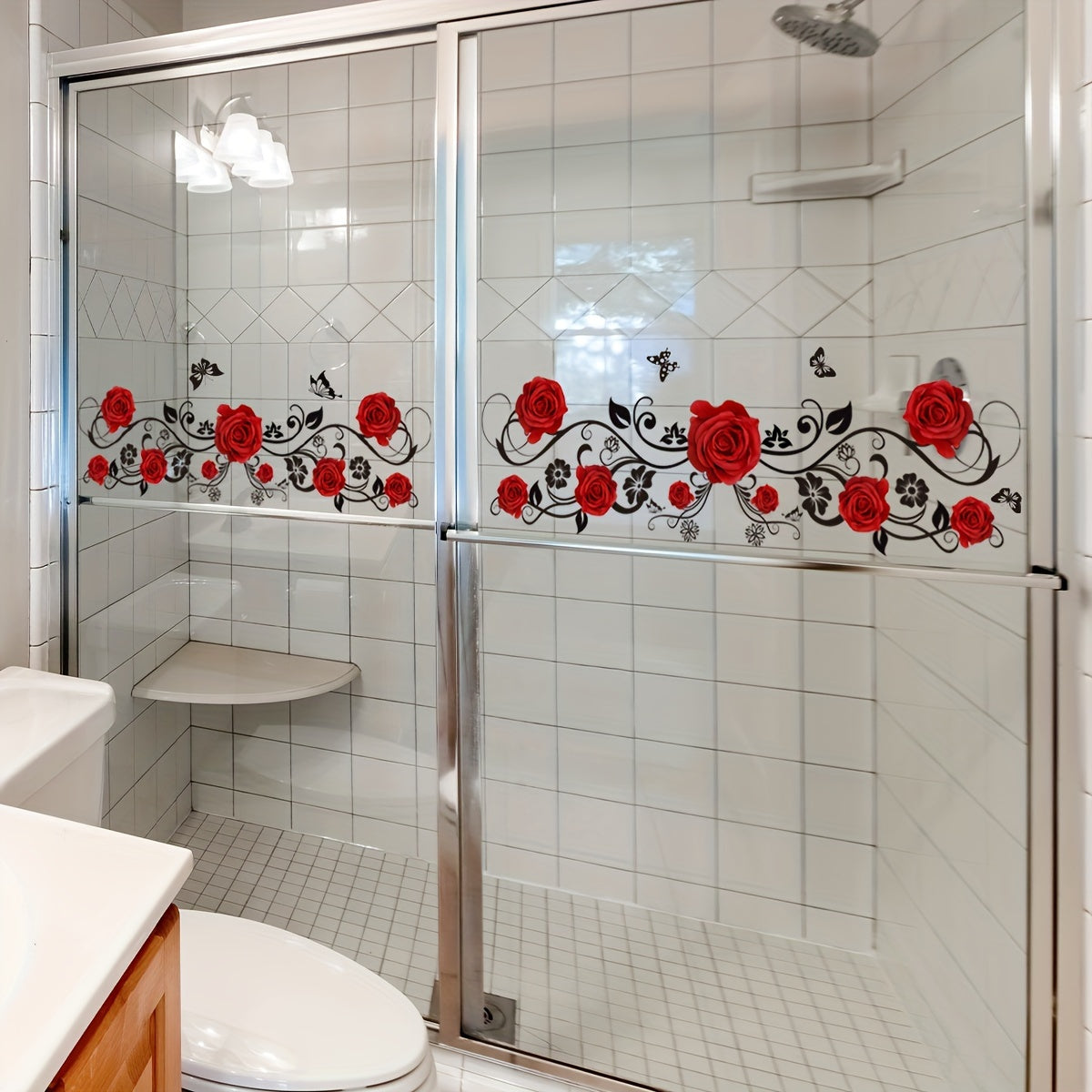 Juego de dos pegatinas de pared de mariposas con enredadera de rosas rojas para baño 50x15cm para decoración del hogar