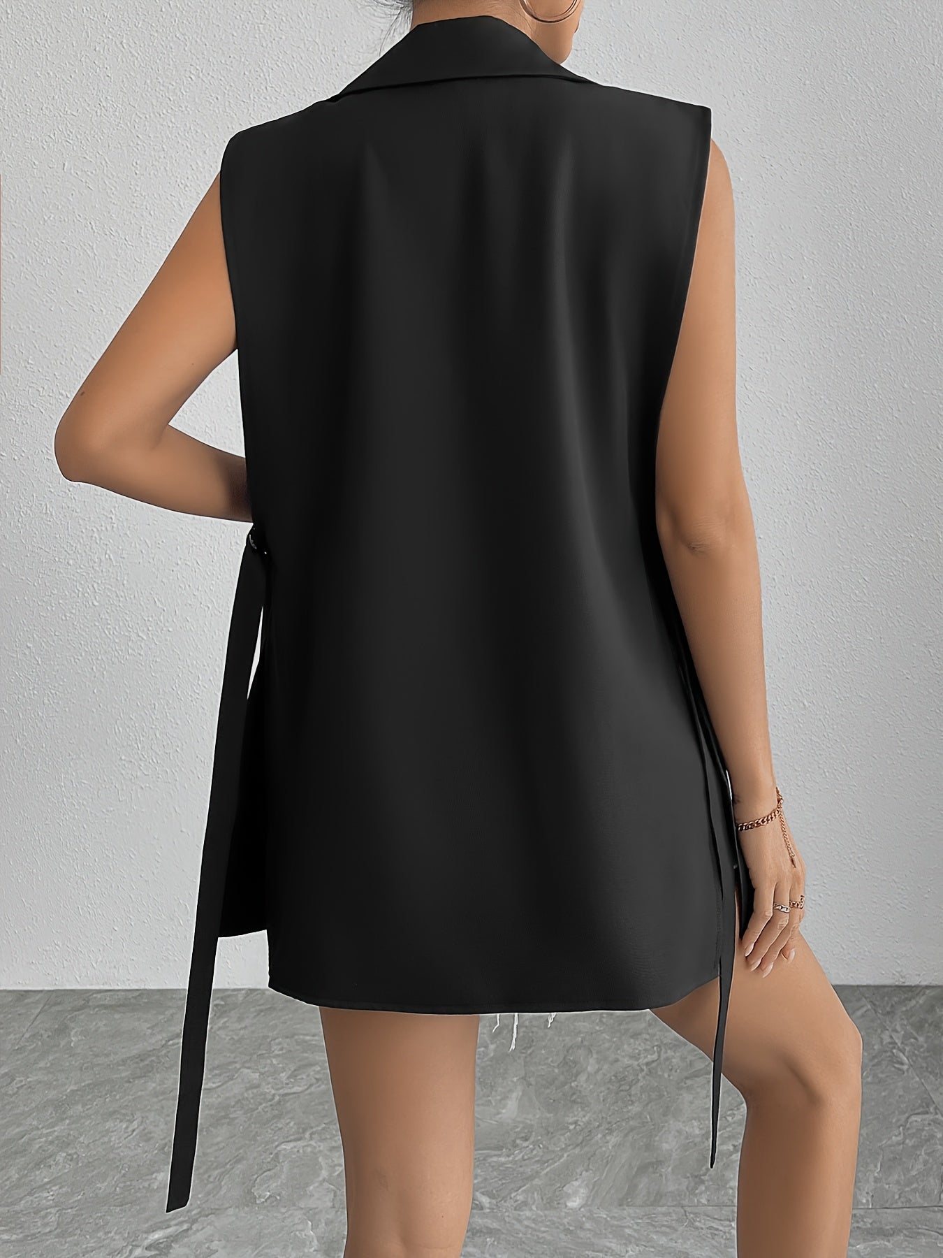 Women's Black Sleeveless Blazer with Lace-Up Detail Polyester Chic Lapel Casual Spring Summer Fall