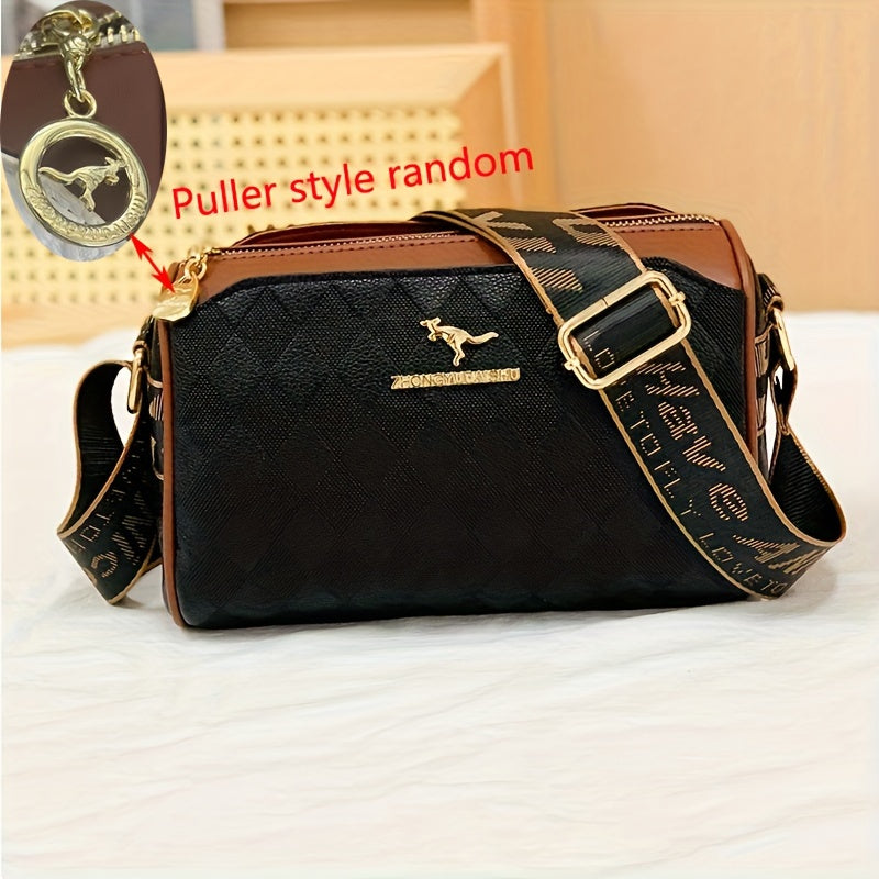 Women's Faux Leather Argyle Crossbody Bag Zipper Adjustable Strap White Black