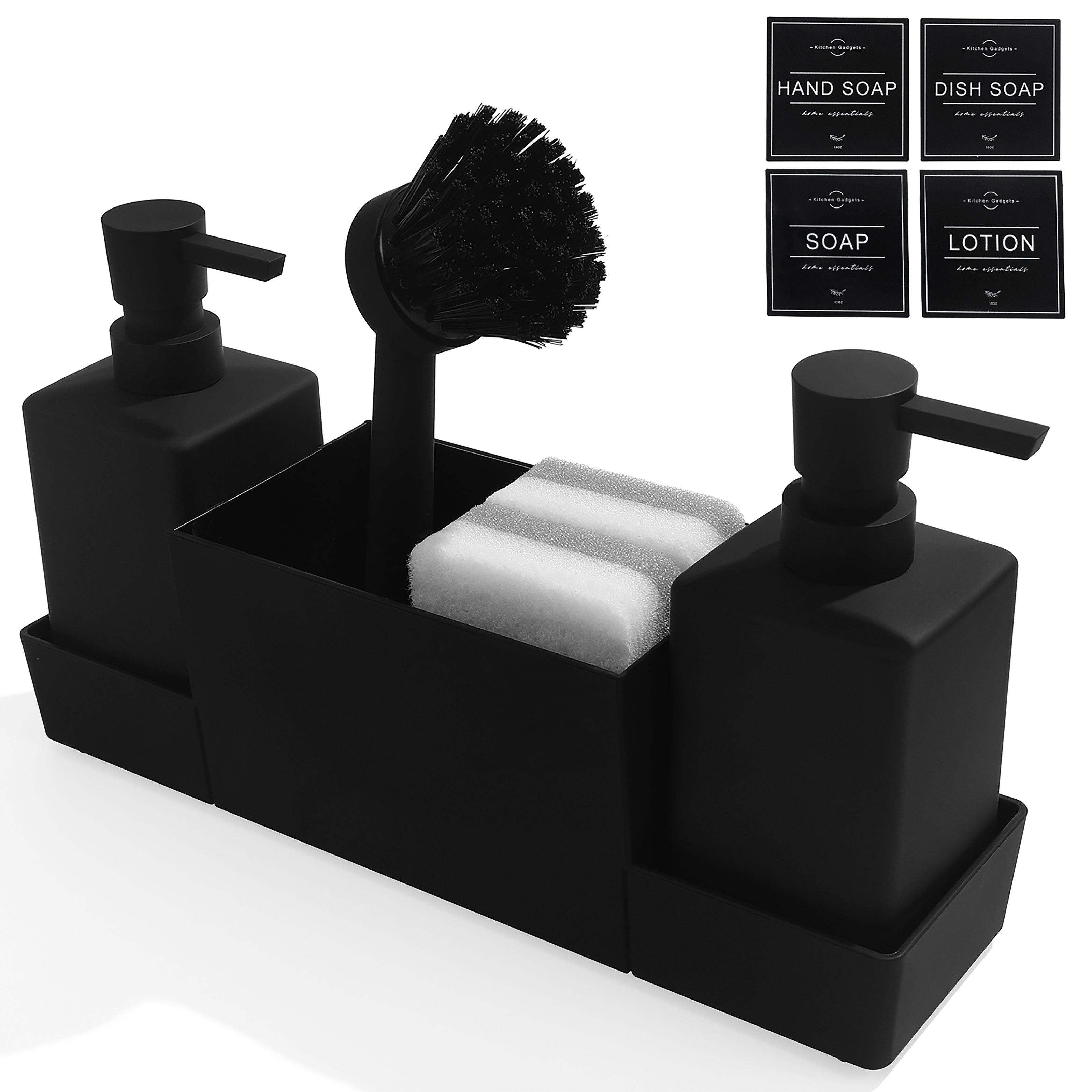 Dispensador de jabón doble negro con soporte para esponja y cepillo para platos para fregadero de cocina