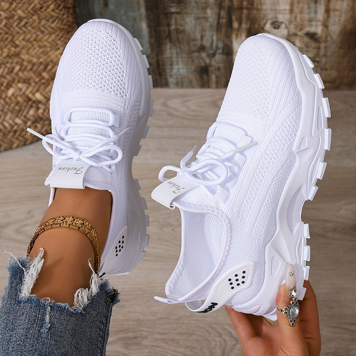 Women's White Mesh Lace Sneakers for Summer Running and Travel