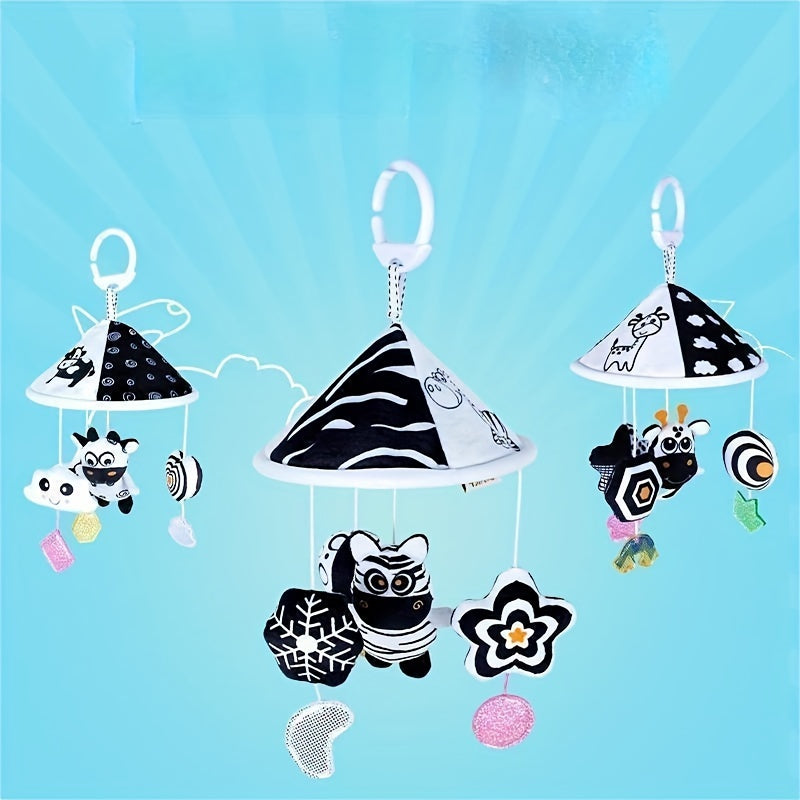 Baby Toy Car Hanging from Stroller with Black and White Animal Wind Chimes and Umbrella Bed Bell
