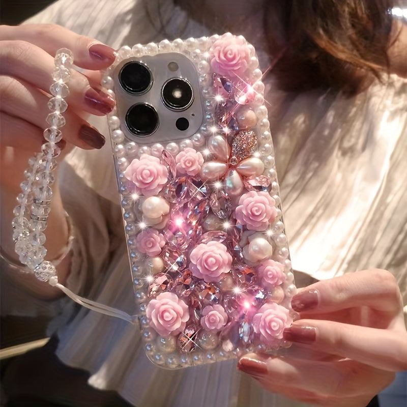 Pearl Frame Crystal Flower Phone Case for iPhone 16 Pro Max with Lanyard and Shockproof TPU