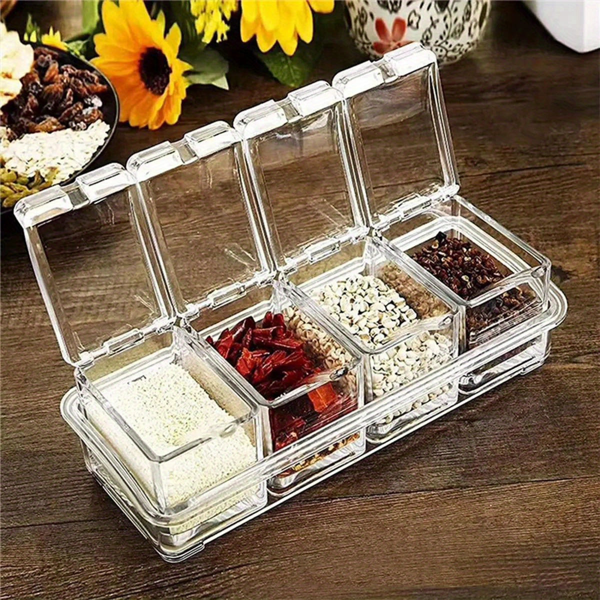 Set of 4 Plastic Spice Jars with Spoons and Tray Food-Safe Storage Containers for Salt Sugar Pepper