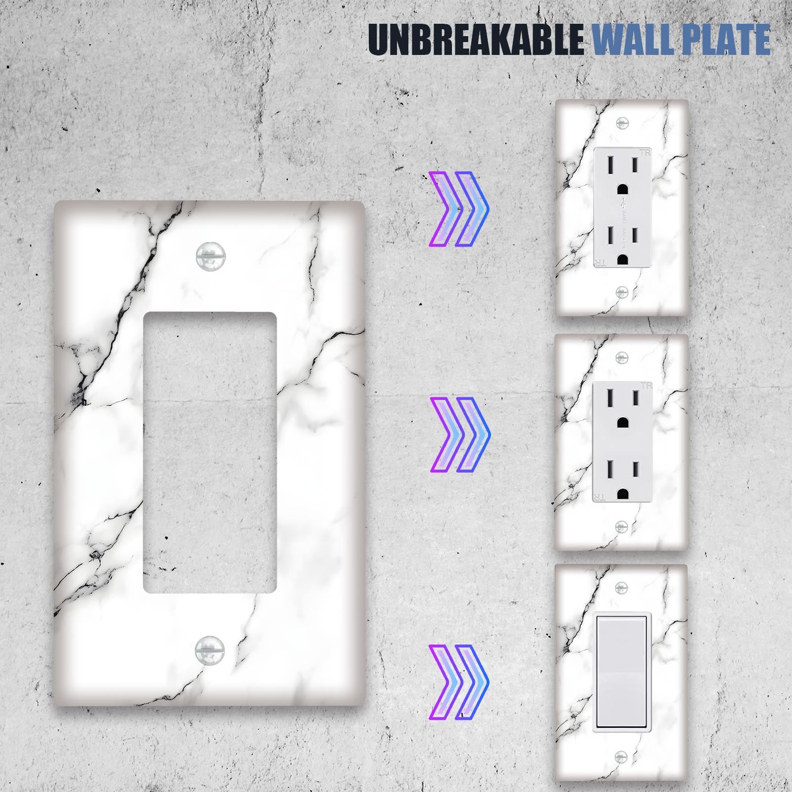 Marble Print Switch Plate Cover in White and Gray Easy to Clean Wall Decor