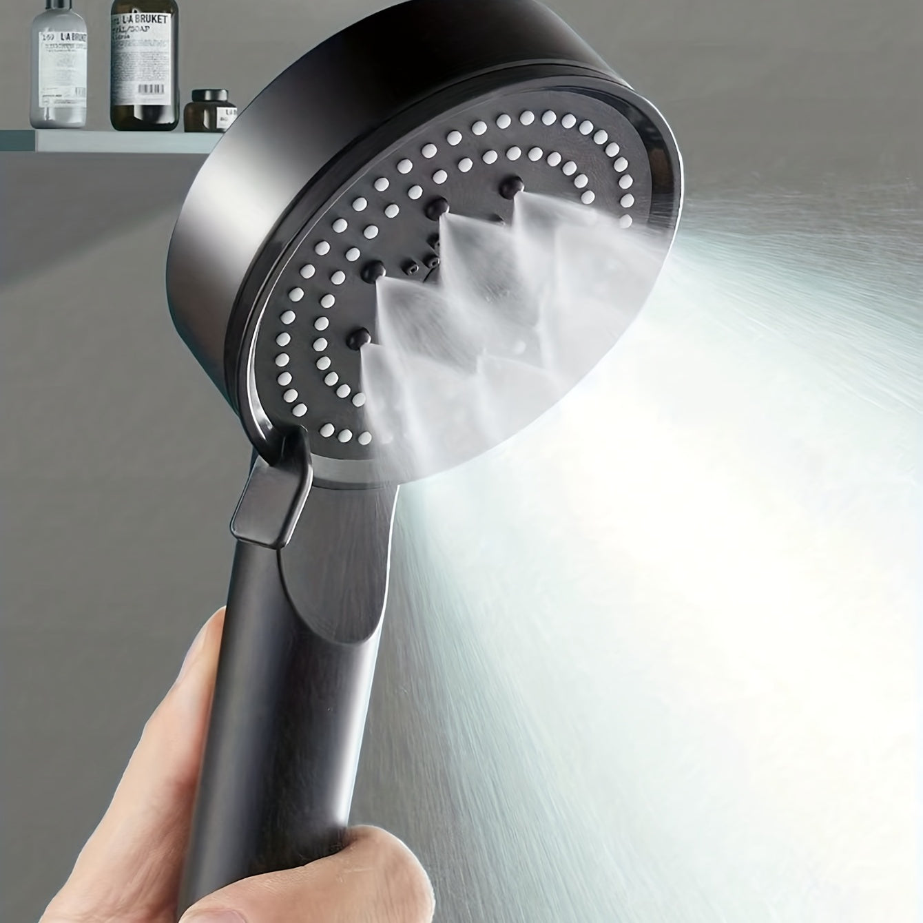 Black Shower Head with Five-Speed Settings and Stop Button Pressurized Spray Bath Set with Lotus Design