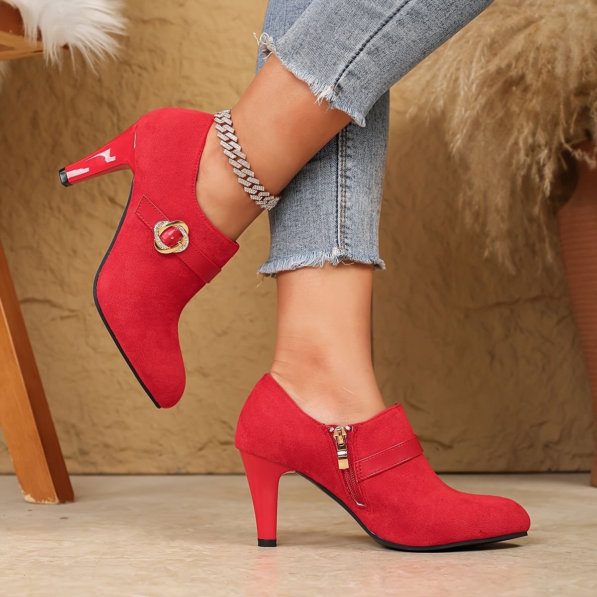 Women's Black Faux Leather Pointed Toe High Heels with Zipper