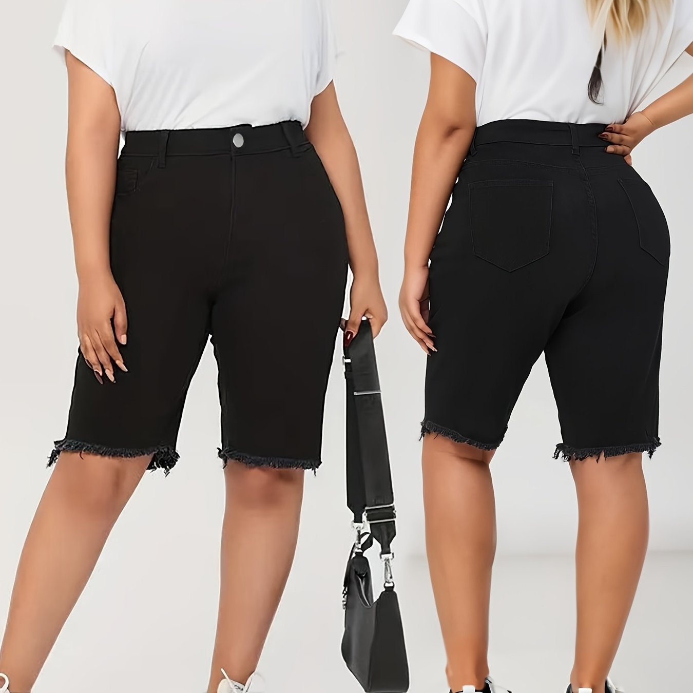 Ayollar uchun katta o'lchamli yuqori belli denim shortlar, qora, yupqa fit, kundalik, zippered