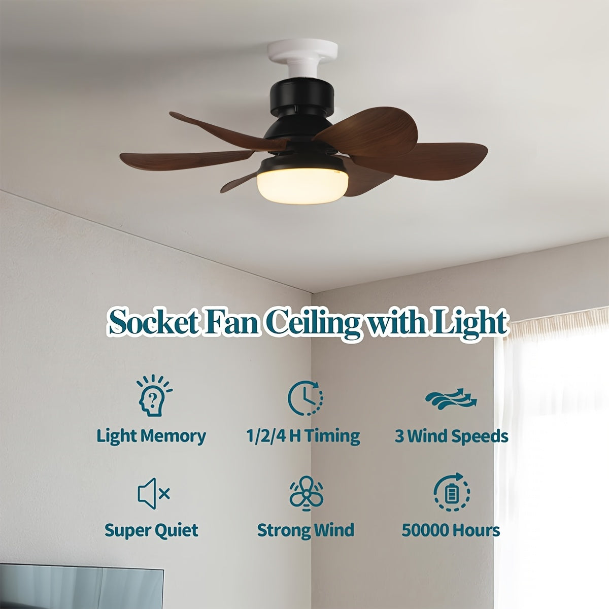 Indoor Ceiling Fan with LED Light and Detachable Blades E26 Socket Adjustable Wind Speed Timer Night Light