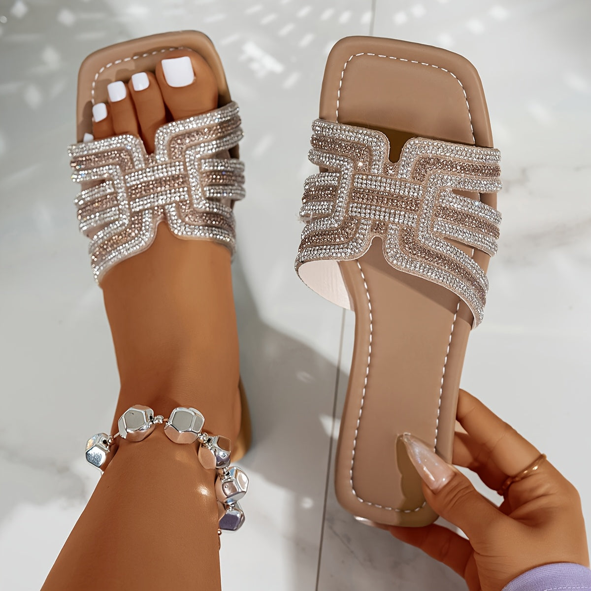 Women's Summer Slip-On Sandals Rhinestone Geometric Straps Open Toe
