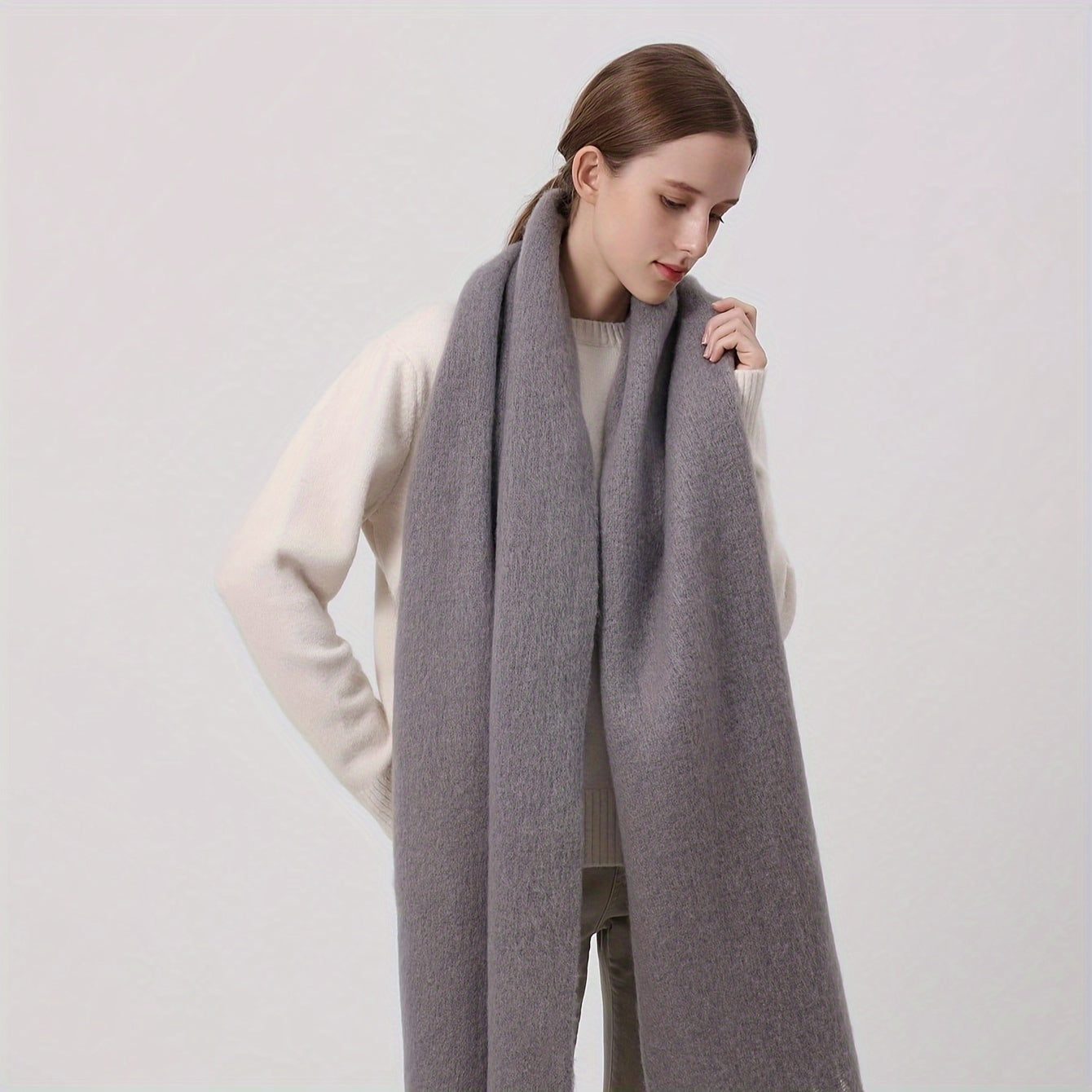 Women's Autumn Winter Solid Color Fringe Scarf Soft Windproof Large Shawl