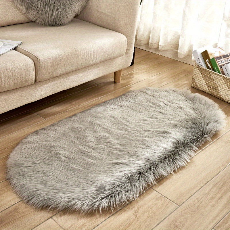 Oval Faux Sheepskin Rug Plush Shaggy Carpet Machine Washable Bedroom Living Room