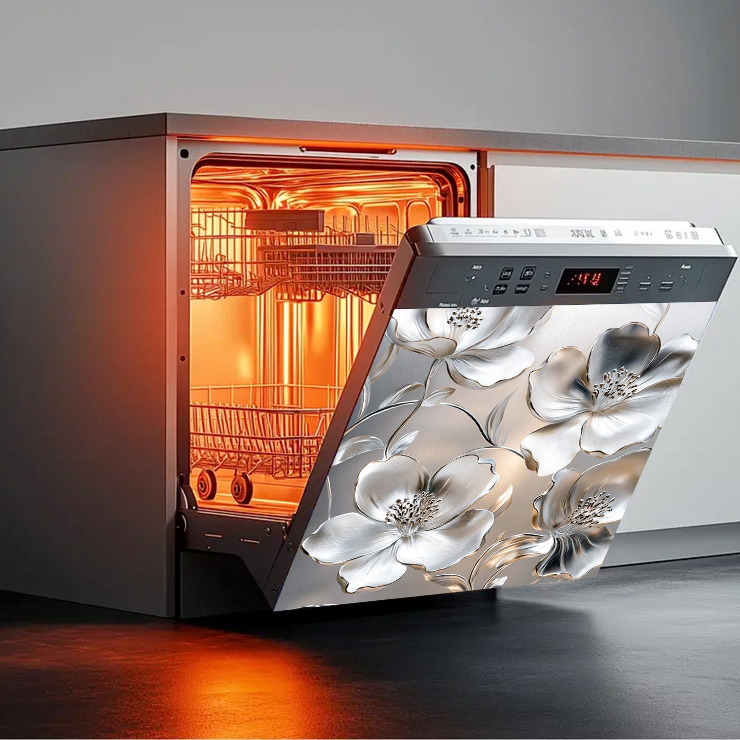 Серебристая 3D-цветочная магнитная крышка для посудомоечной машины, водонепроницаемая, термостойкая, 58,5x65 см