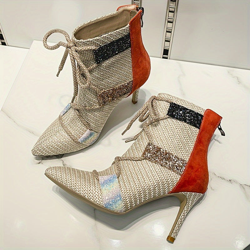 Женские ботинки на щиколотке с блестящими акцентами, полосатая ткань, каблуки-стилетто
