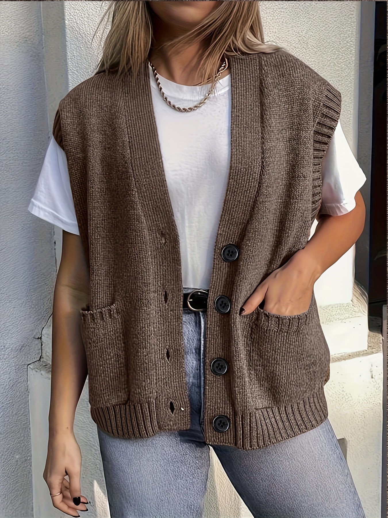 Plus Size Sleeveless Knit Cardigan With Pockets Casual Women’s Clothing