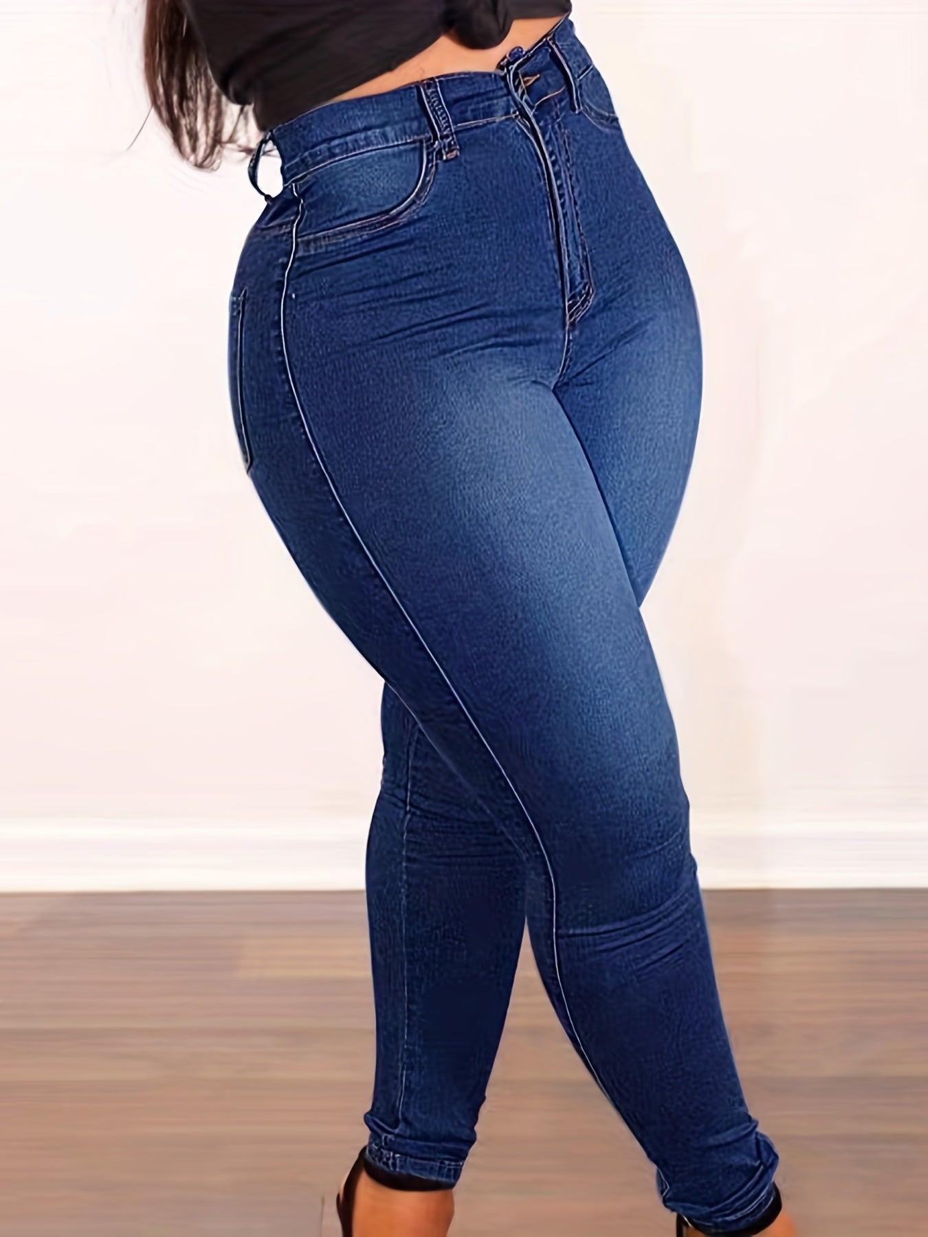 Plus Size Women's High-Waist Blue Denim Jeans Casual Slim Fit Long Length