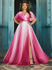 Plus Size V-Neck Short Sleeve Chiffon Evening Dress with Slit and Ruching