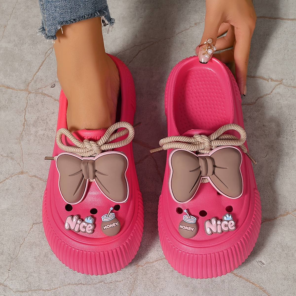 Women's EVA Mules with Bow Detail Casual Beach Slide Sandals White Pink