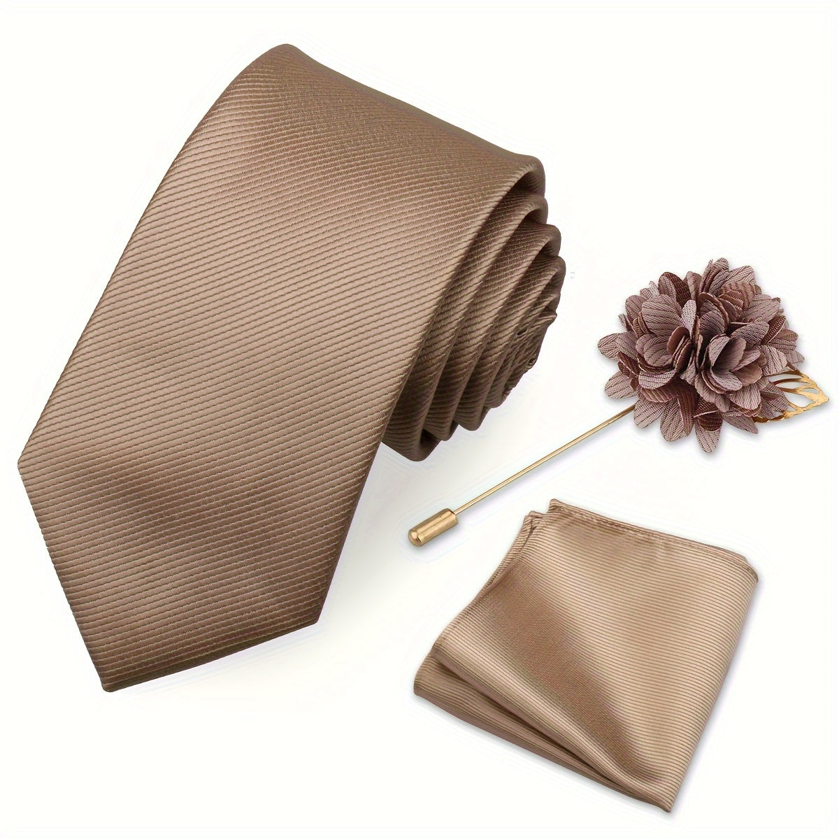 Men's Tie Set with Pocket Towel and Brooch, Classic Striped Plain Design