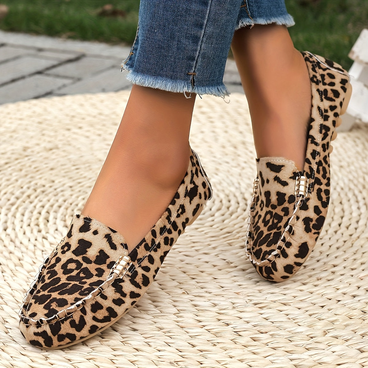 Women's Leopard Print Slip-On Loafers with Metallic Accents