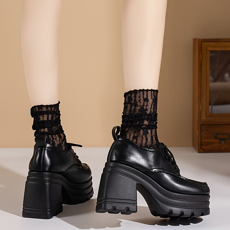 Women's Chunky Heel Lace-Up High Heels Brown Synthetic Rubber Sole