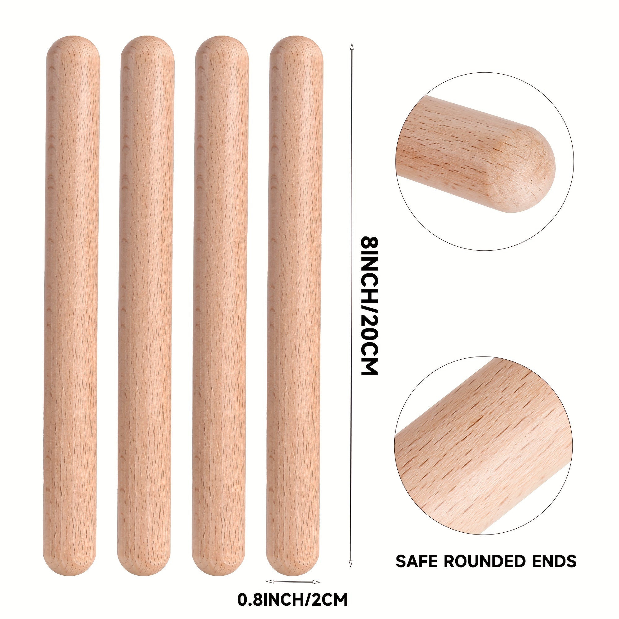 Wooden Claves Percussion Instruments Set 1/2/4/8 Pairs Natural Hardwood 20.32 cm