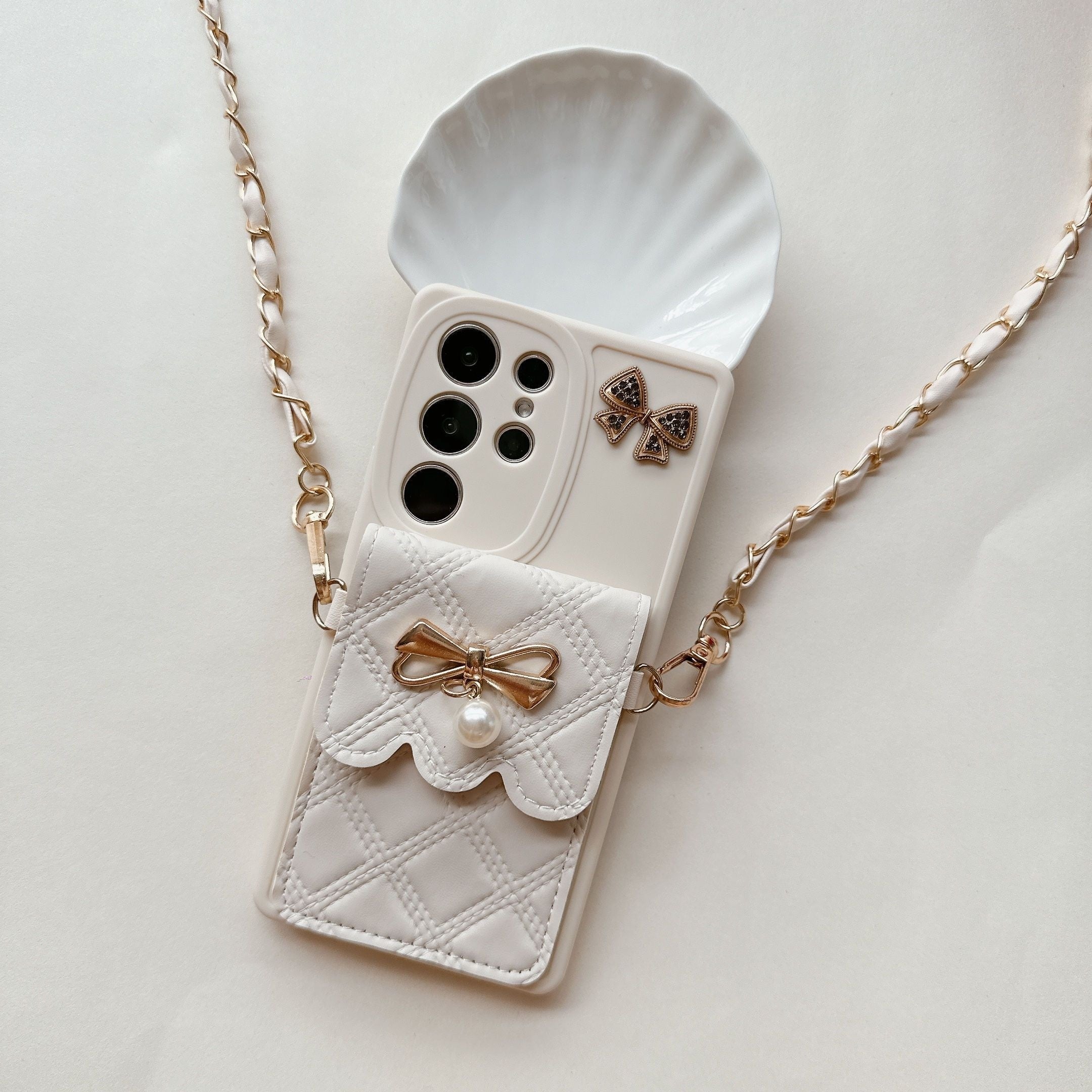 Pearl Bowknot Diamond Phone Case for Samsung Galaxy with Lanyard Full Cover Protection