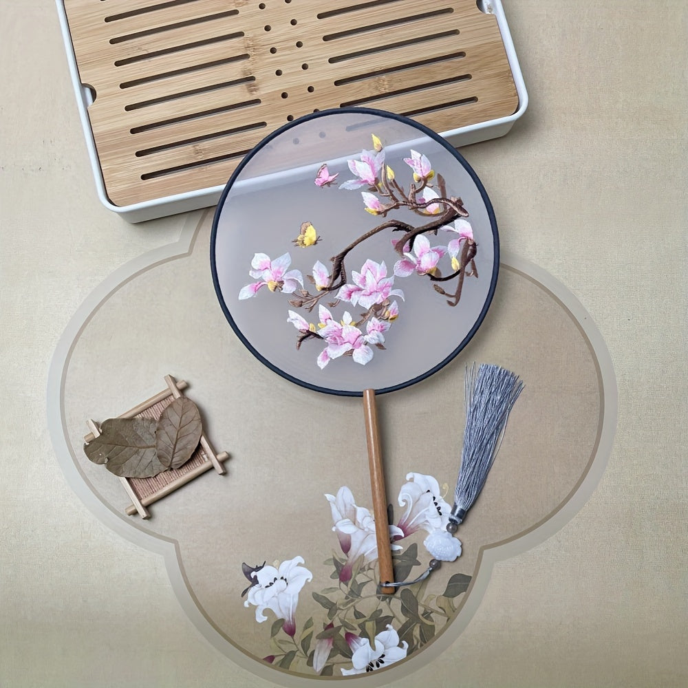 Silk Embroidered Fan with Tassel Flower for Home Travel School Office