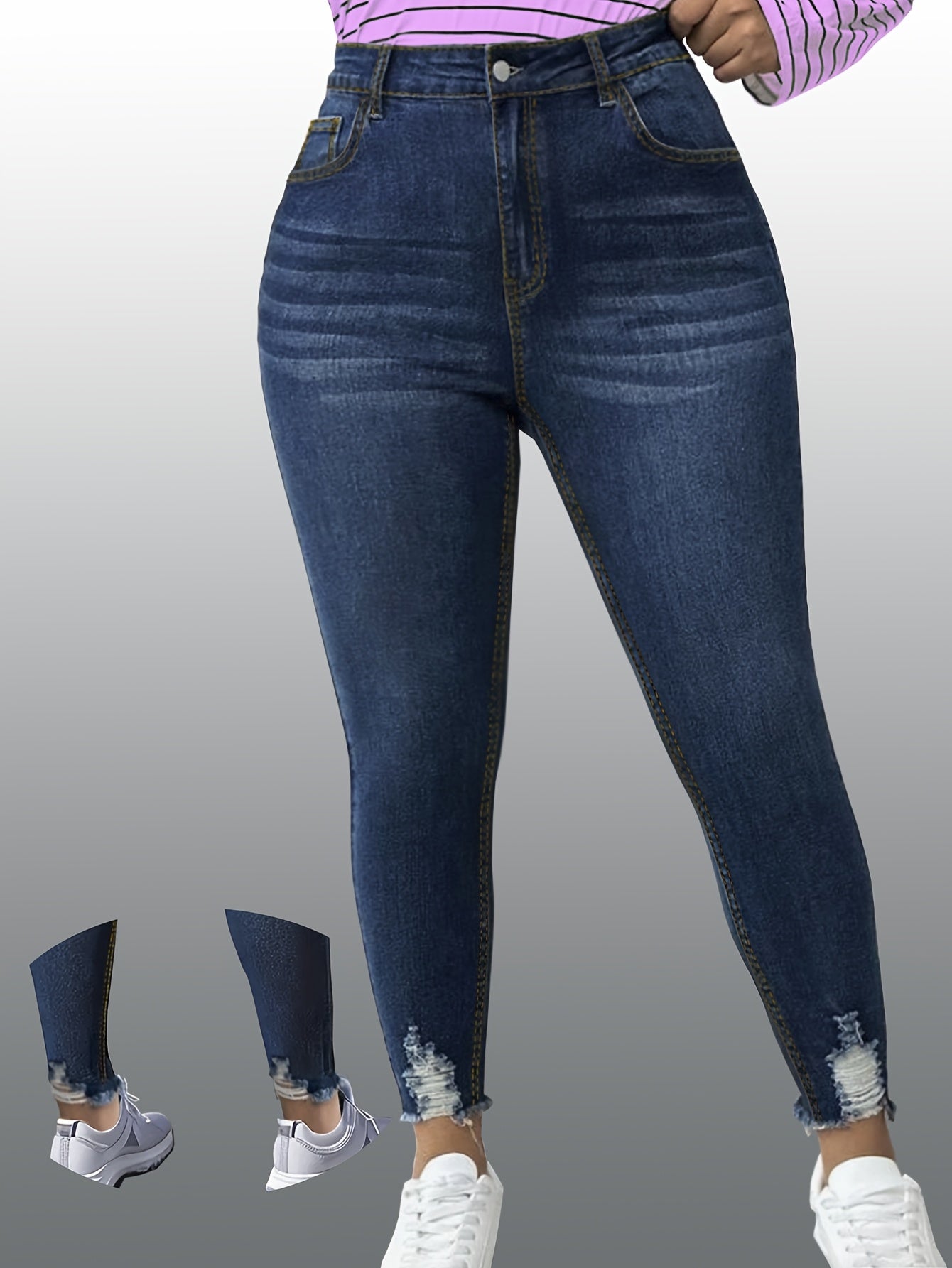 Women's Plus Size High Stretch Distressed Edge Jeans with Hairy Legs