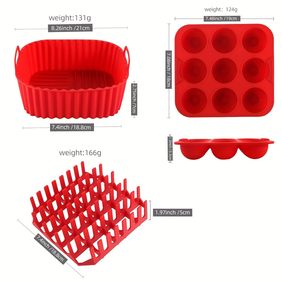 Square Air Fryer Silicone Set with Bacon Rack Cake Mold and Pan for 7QT+