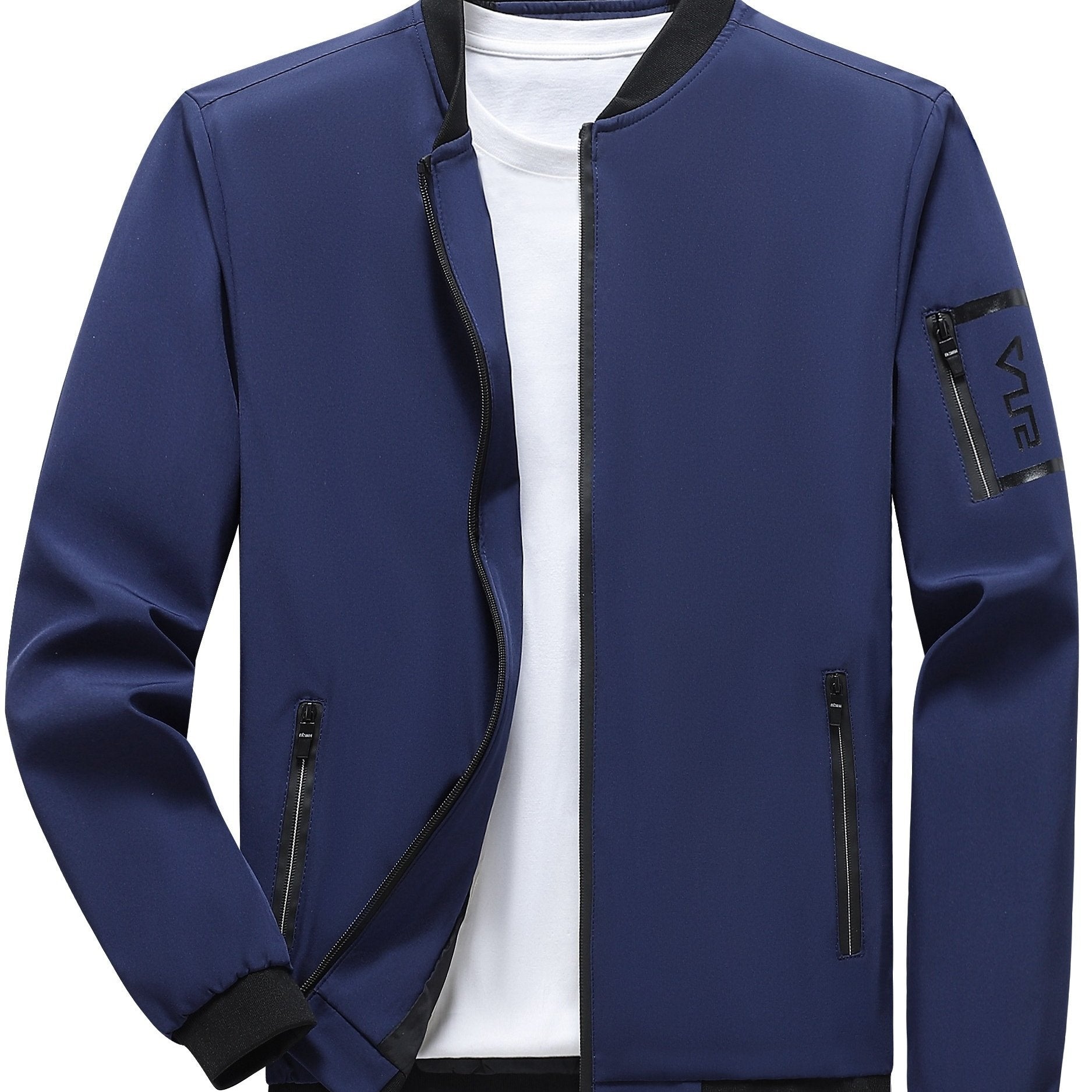 Erkaklar uchun zamonaviy kulrang va qora rangli blok-jaketi, beysbol yaka bilan. Yengil polyester, kuz uchun zip-up tashqi kiyim.