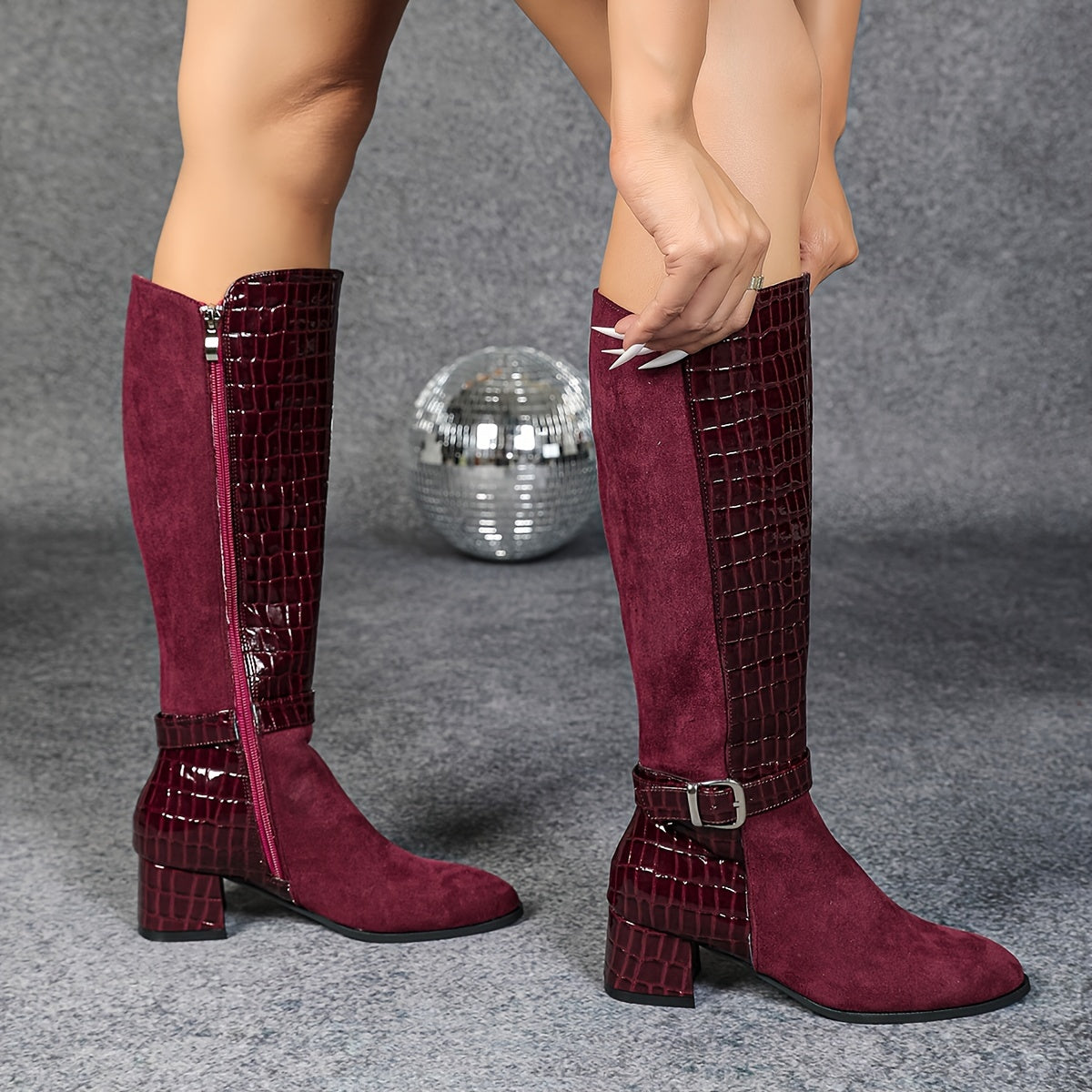 Wine Red Mid-Heeled Knee-High Boots with Pointed Toe and Side Zippers