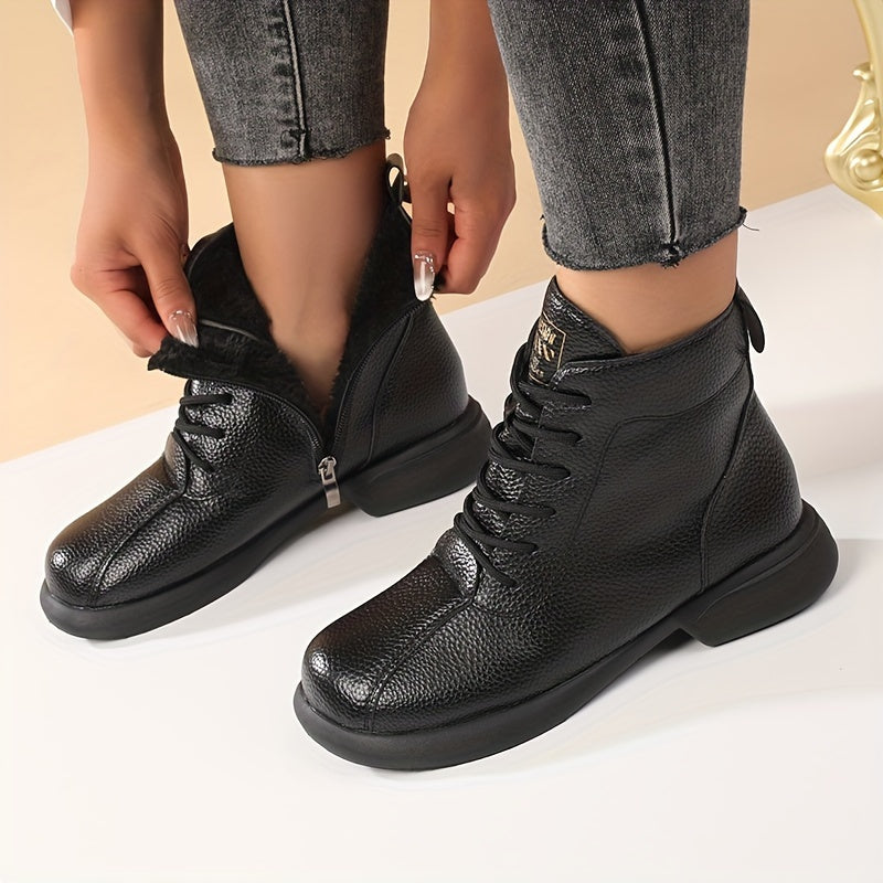 Ayollar uchun qisqa tizza o'rta qoplamali botinkalar, issiqlik uchun qoplangan, vintage uslub, qish