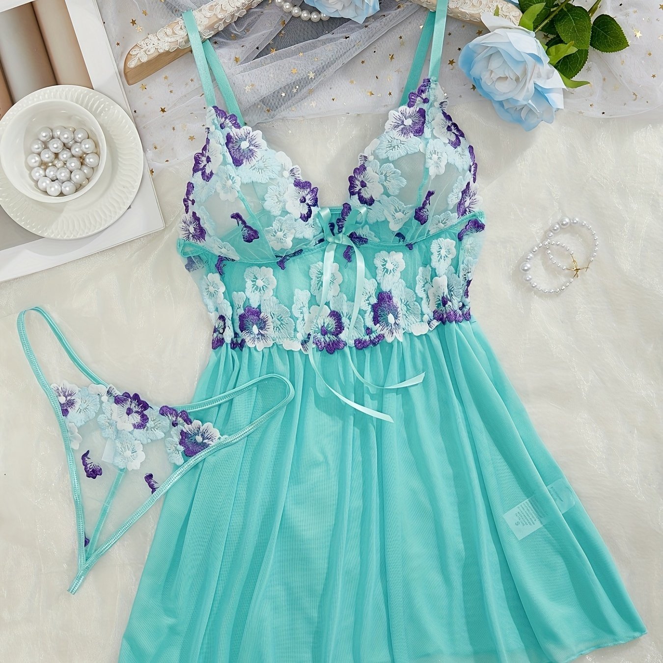 Women's Satin Garter Sleepwear Set with Lace Detailing