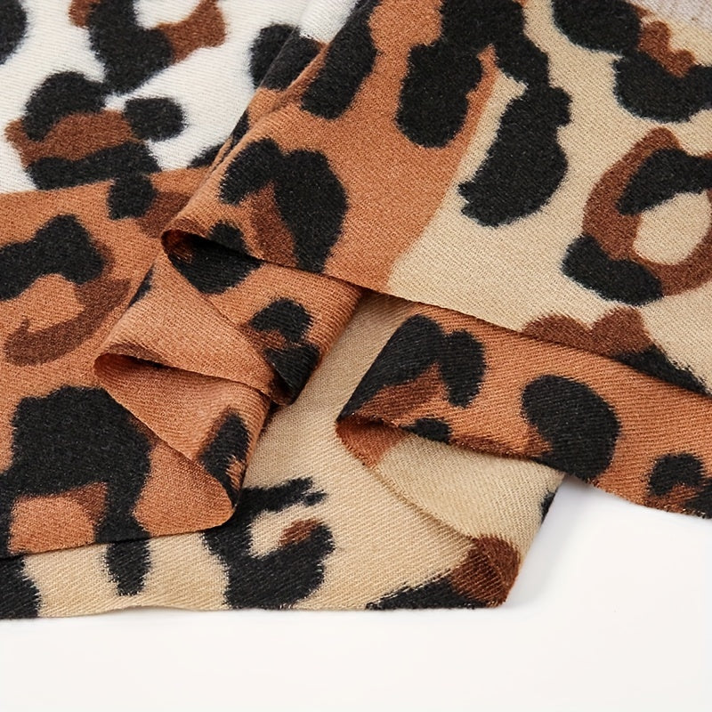 Faux Fleece Leopard Print Scarf with Tassels Warm Cozy Fashion Accessory