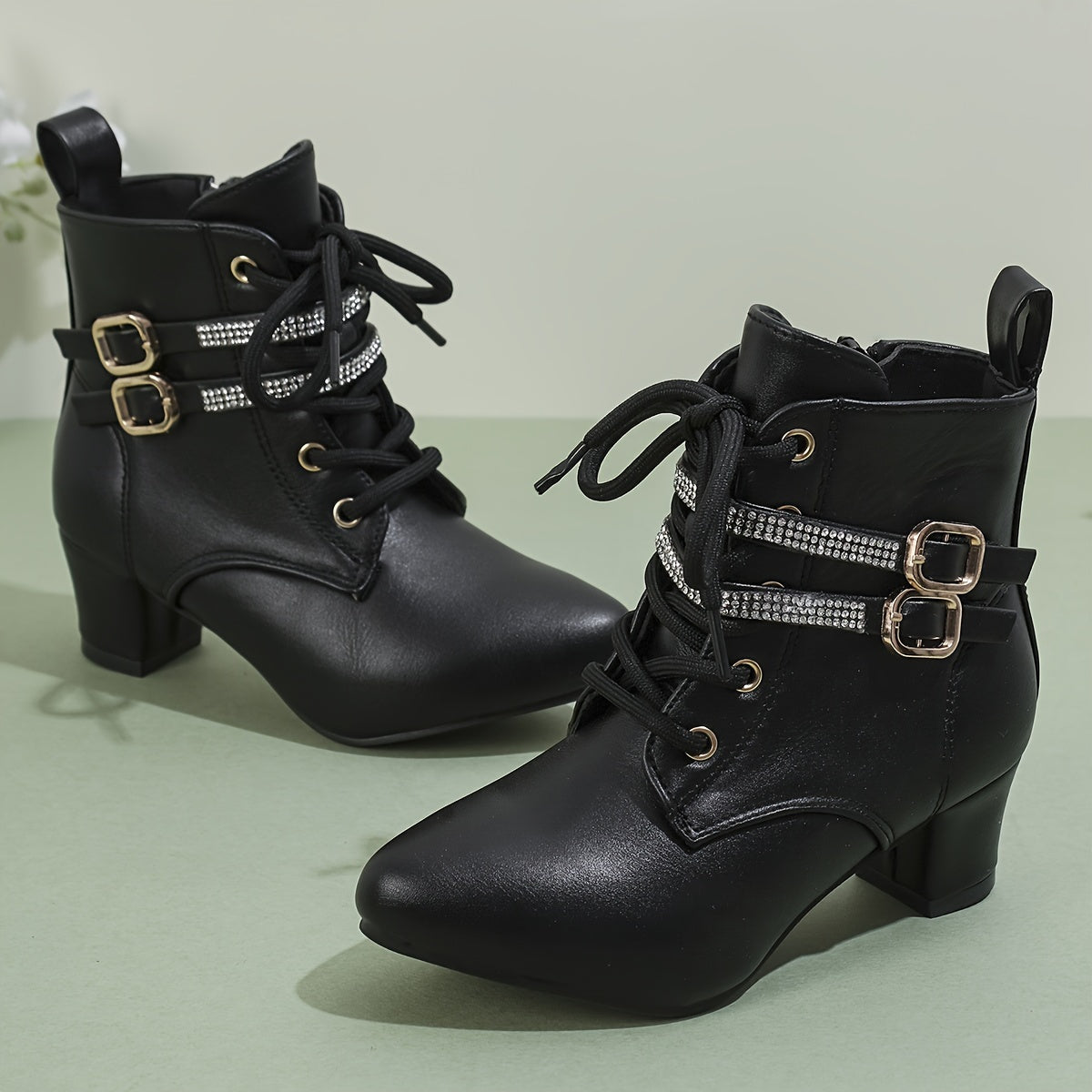 Women's White Ankle Boots with Golden Buckles Side Zipper Chunky Heel