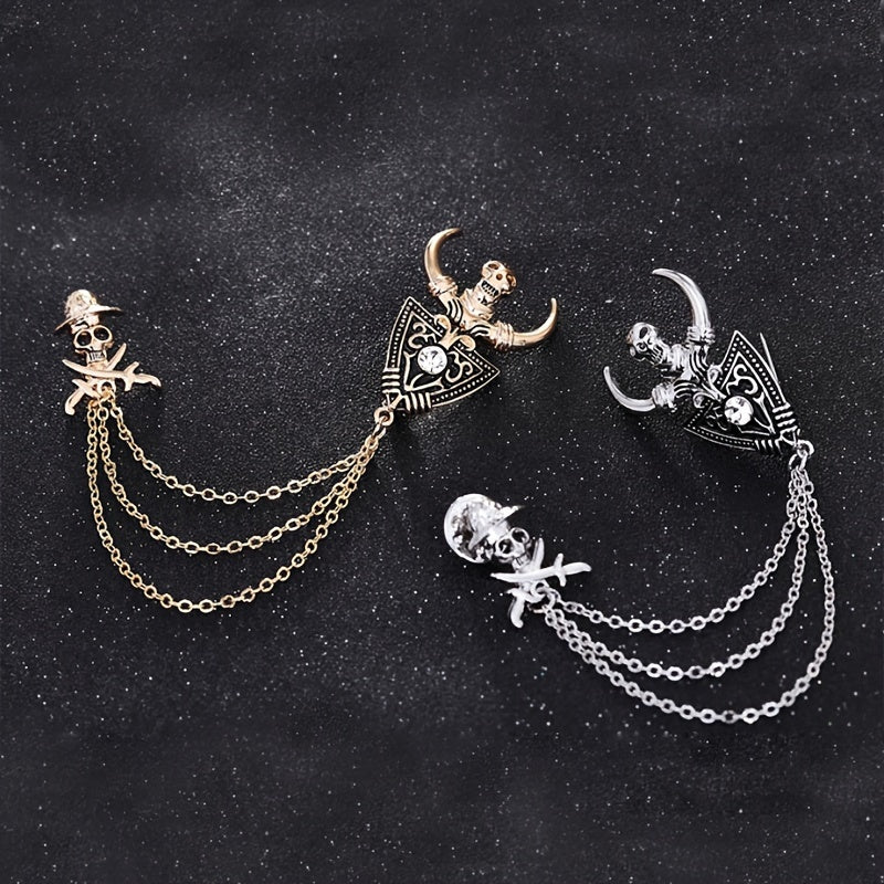 Set of 2 Gothic Skull Brooches with Vintage Bull and Pirate Designs in Gold and Silver Alloy