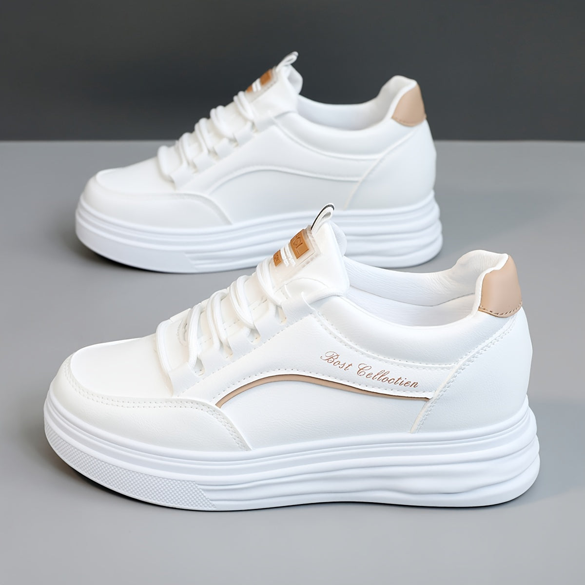 Women's White Lace-Up Sneakers with Thick Soles Water-Resistant Casual Shoes