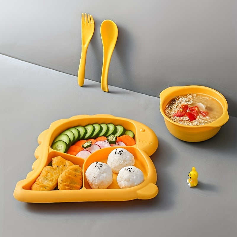 Children's Dinosaur-Shaped BPA-Free Plastic Dinnerware Set with Plate Bowl Fork Spoon
