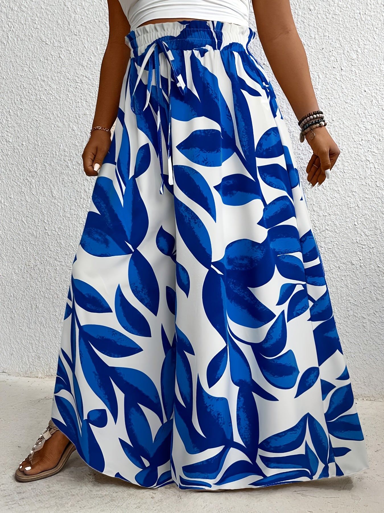 Women's Plus Size Tropical Floral Wide Leg Pants High Waist Casual Opaque