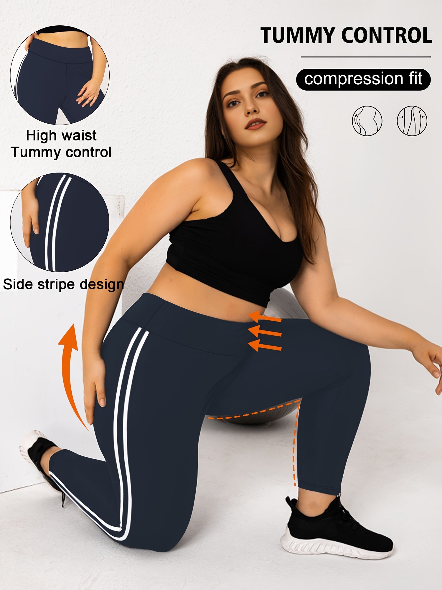 Plus Size High-Waisted Leggings 3-Pack with Side Stripes 4-Way Stretch