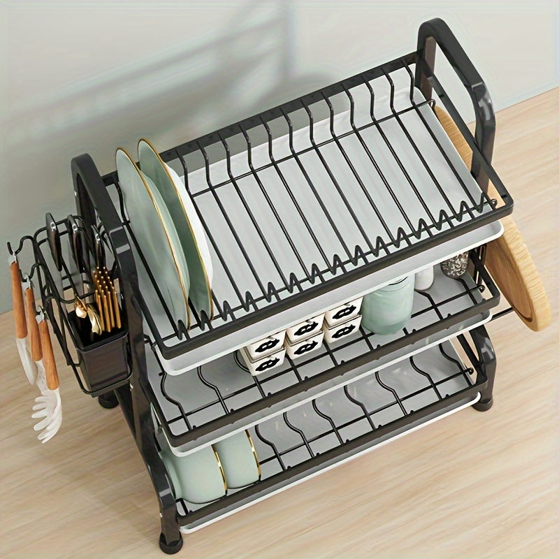 3-Tier Black Dish Drying Rack with Drainboards Utensil and Cutting Board Holders Kitchen Counter Organizer