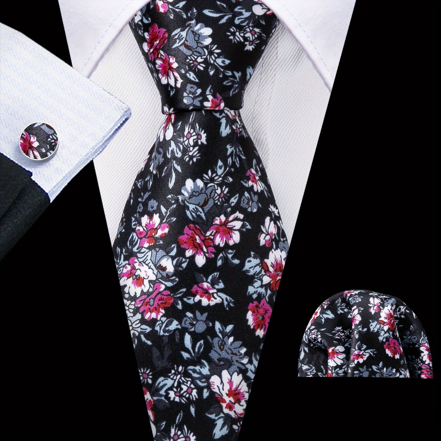 Men's Formal Wedding Tie Set with Jacquard Striped Necktie Pocket Square and Cufflinks