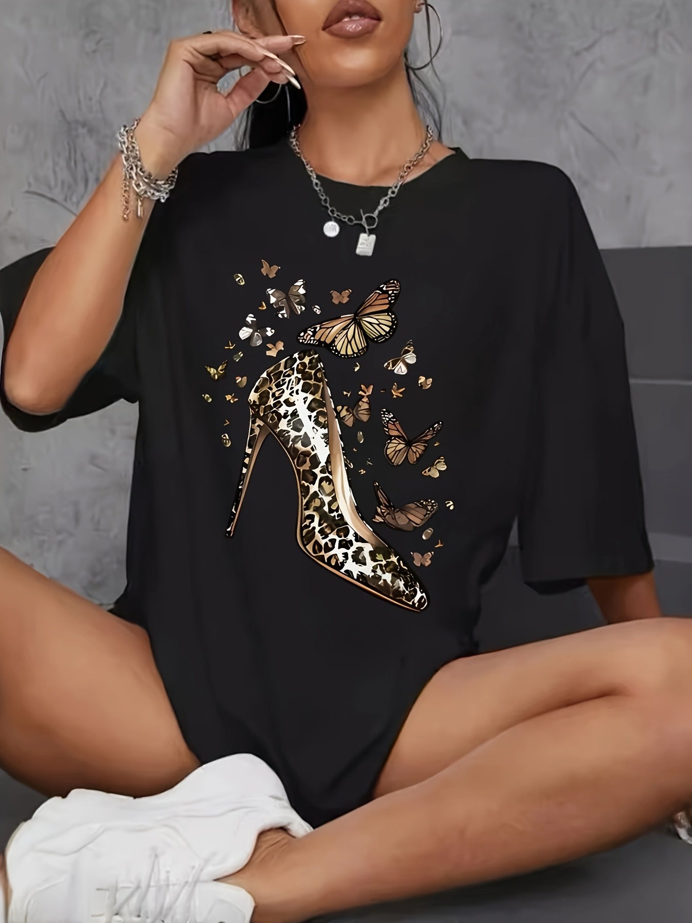 Plus Size Women's Short Sleeve T-Shirt Geometric High Heel Butterfly Print Crew Neck Asymmetrical Polyester Knit