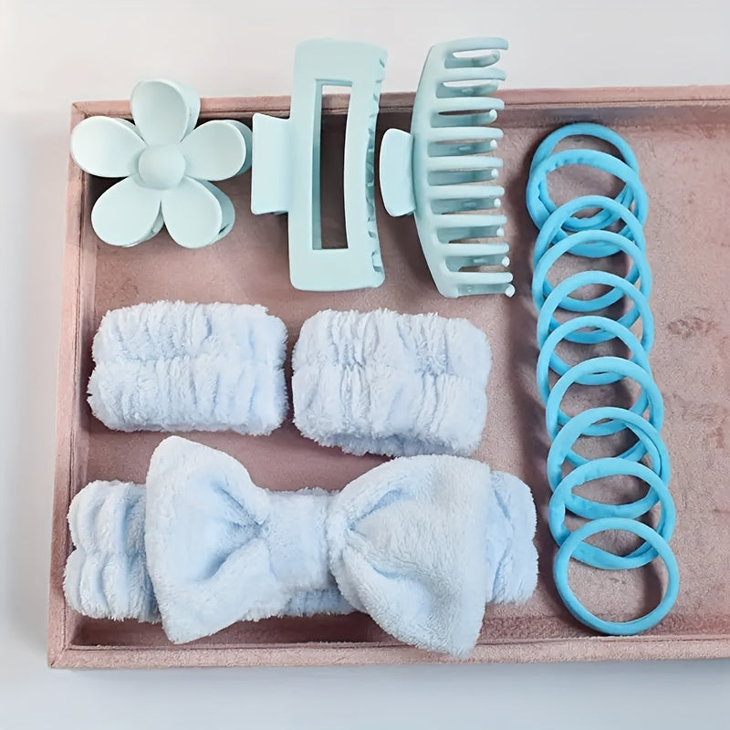 16-Piece Hair Accessory Set for Women and Girls Pink Black Bow Headbands Hair Clips Wristbands for Travel Spa Makeup Gifting