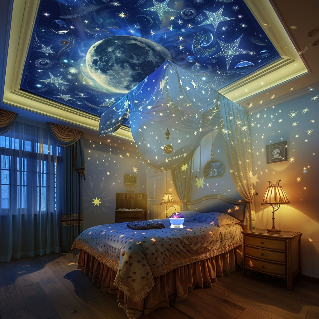 Rotating Star and Moon Night Light LED Projector Lamp Color Changing Tabletop Decor for Teens