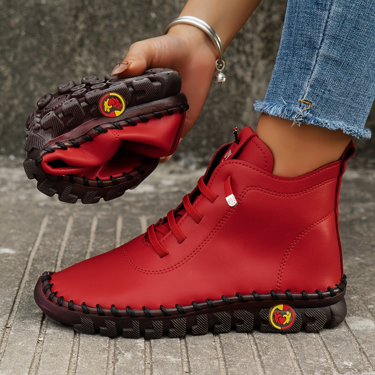 Women's Chunky Sole Platform Ankle Boots Synthetic Lace-Up Black Red Brown