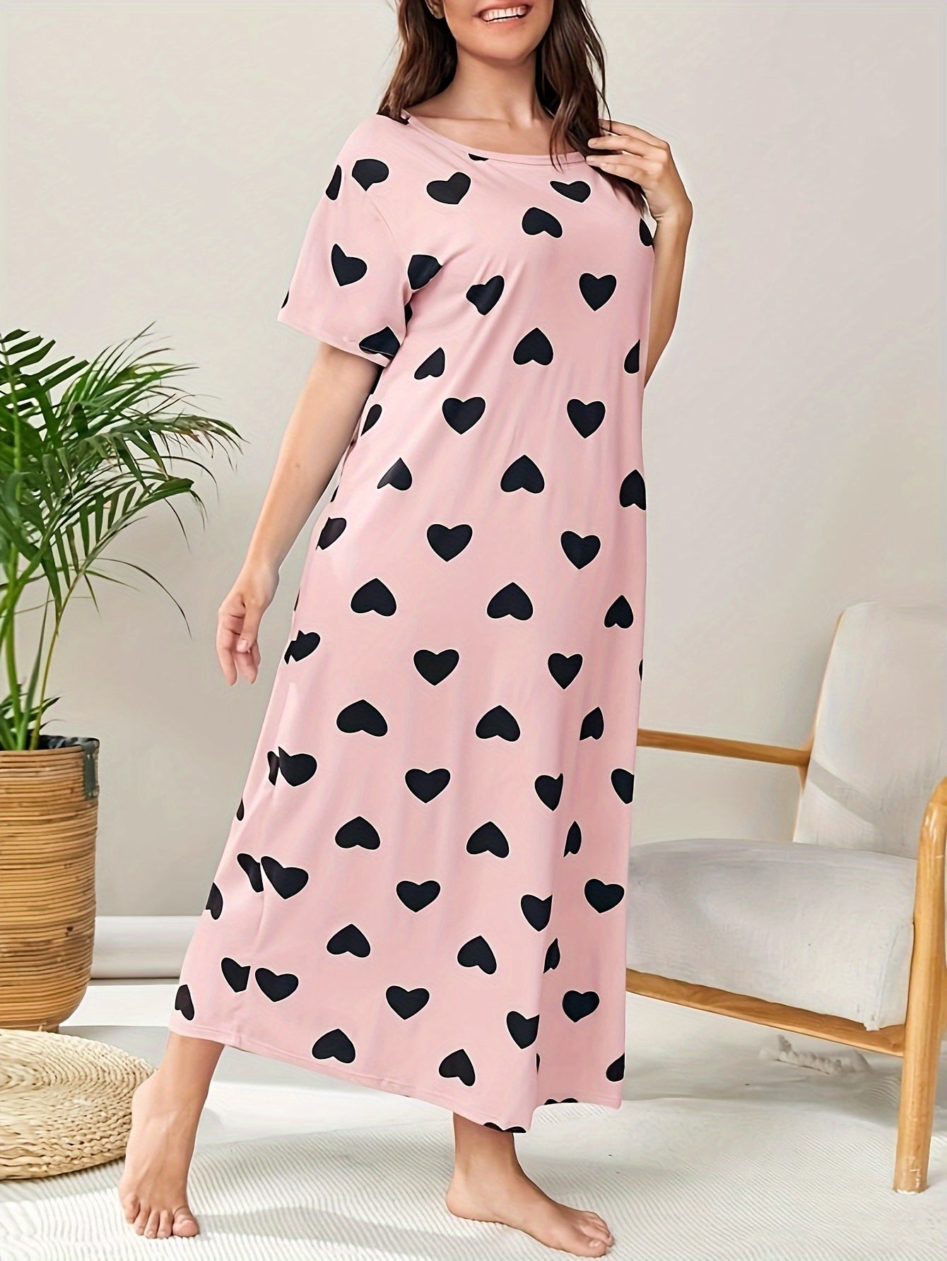 Women's Plus Size Heart Print Short Sleeve Sleep Dress
