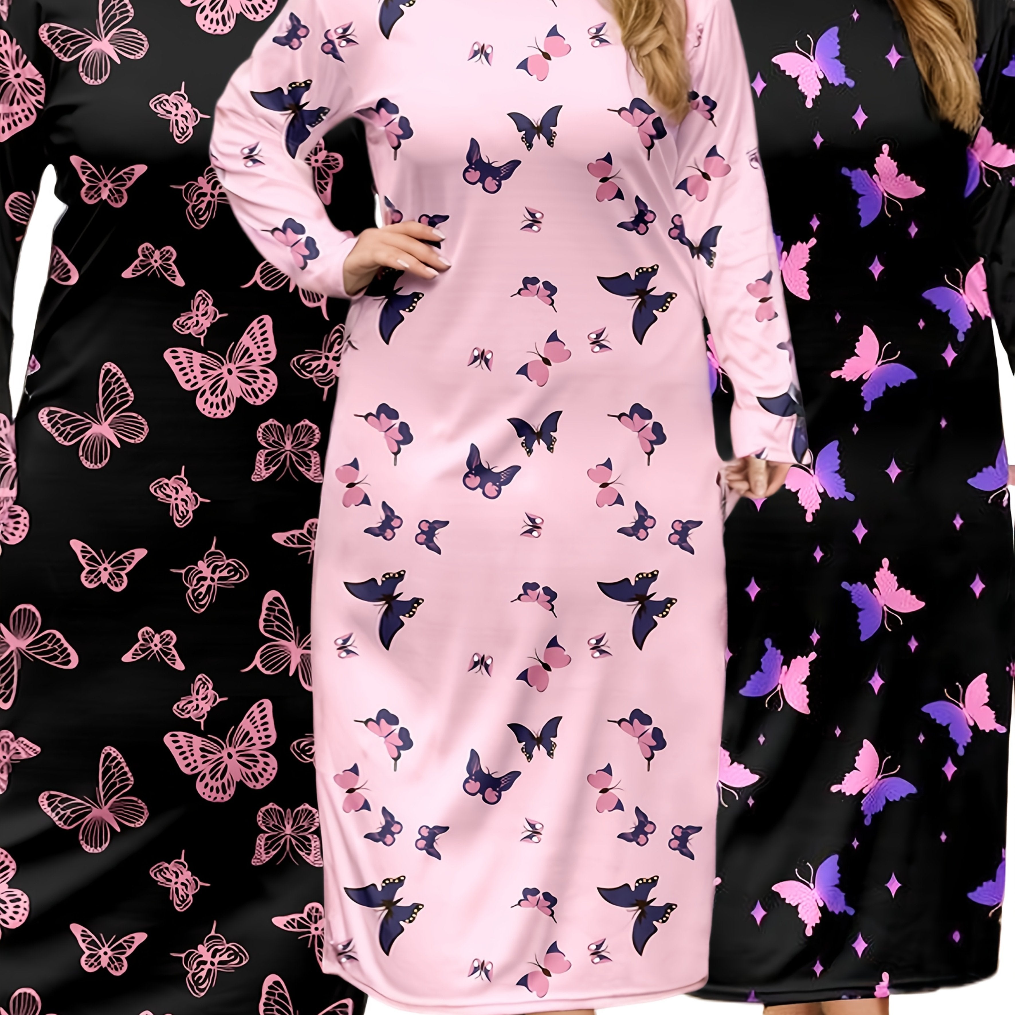 Women Long Sleeve Night Dresses Butterfly Print Casual Sleepwear Pack