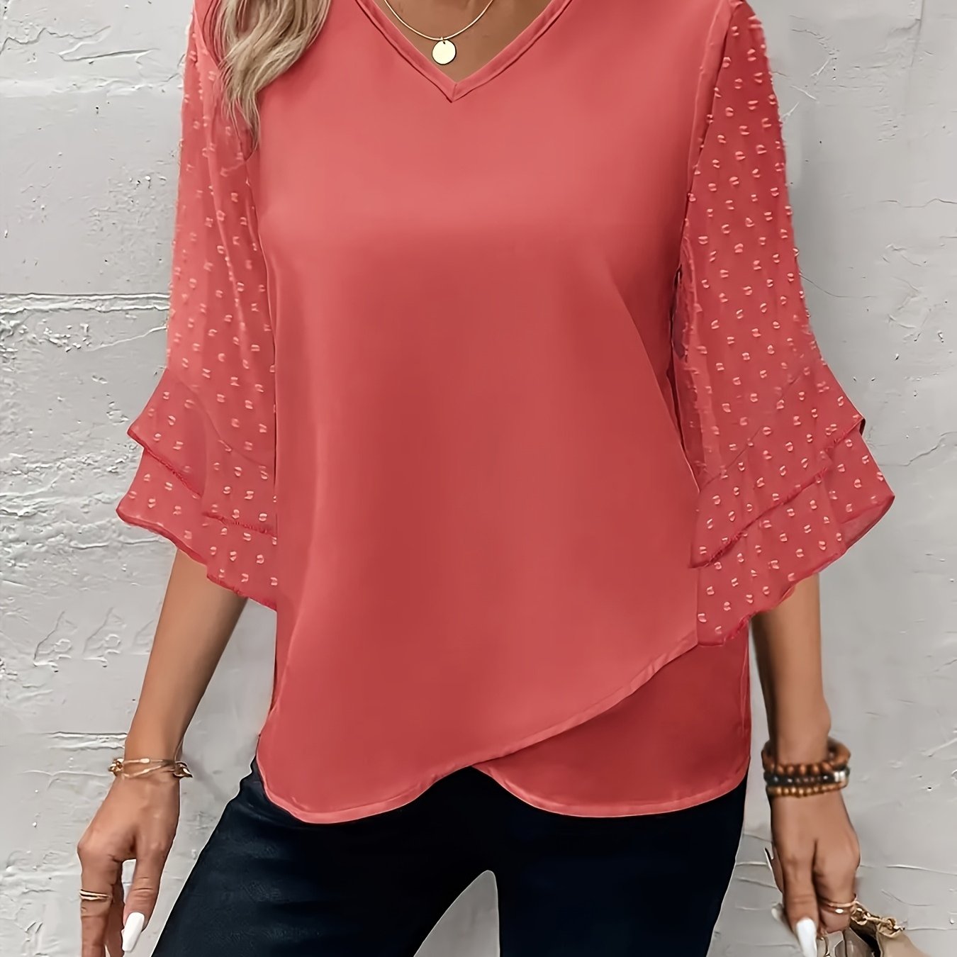 Plus Size Women's V-Neck Blouse with Ruffle Sleeves Solid Color Lightweight Polyester